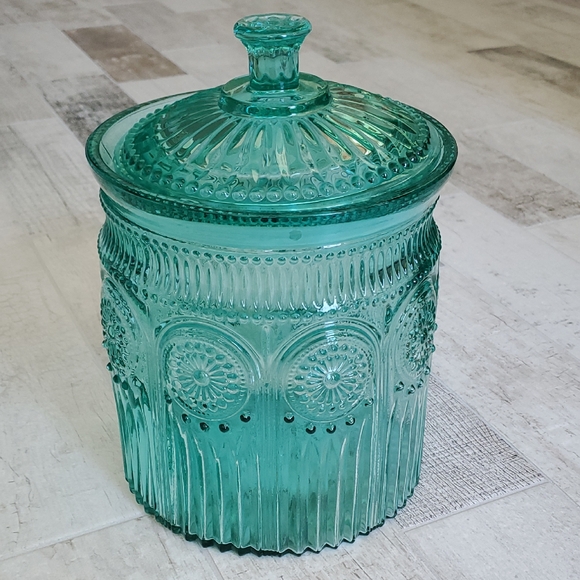 The Pioneer Woman Vintage Style Teal Glass Cookie Jar with Lid - Picture 1 of 9